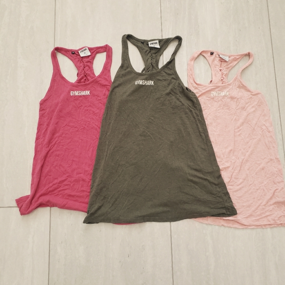 3 Gymshark back tie tank tops, xs, hot pink, peach, green